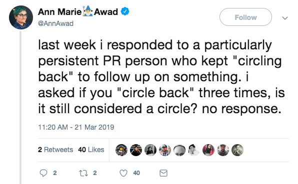 douchy tweet about persistent pr person